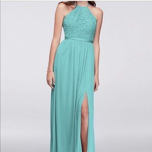 Open back lace and mesh bridesmaids dress